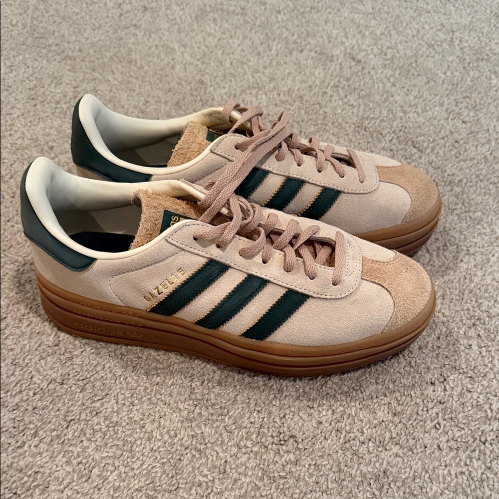 adidas Gazelle Platform Sneakers - Tan with Dark Green Stripes